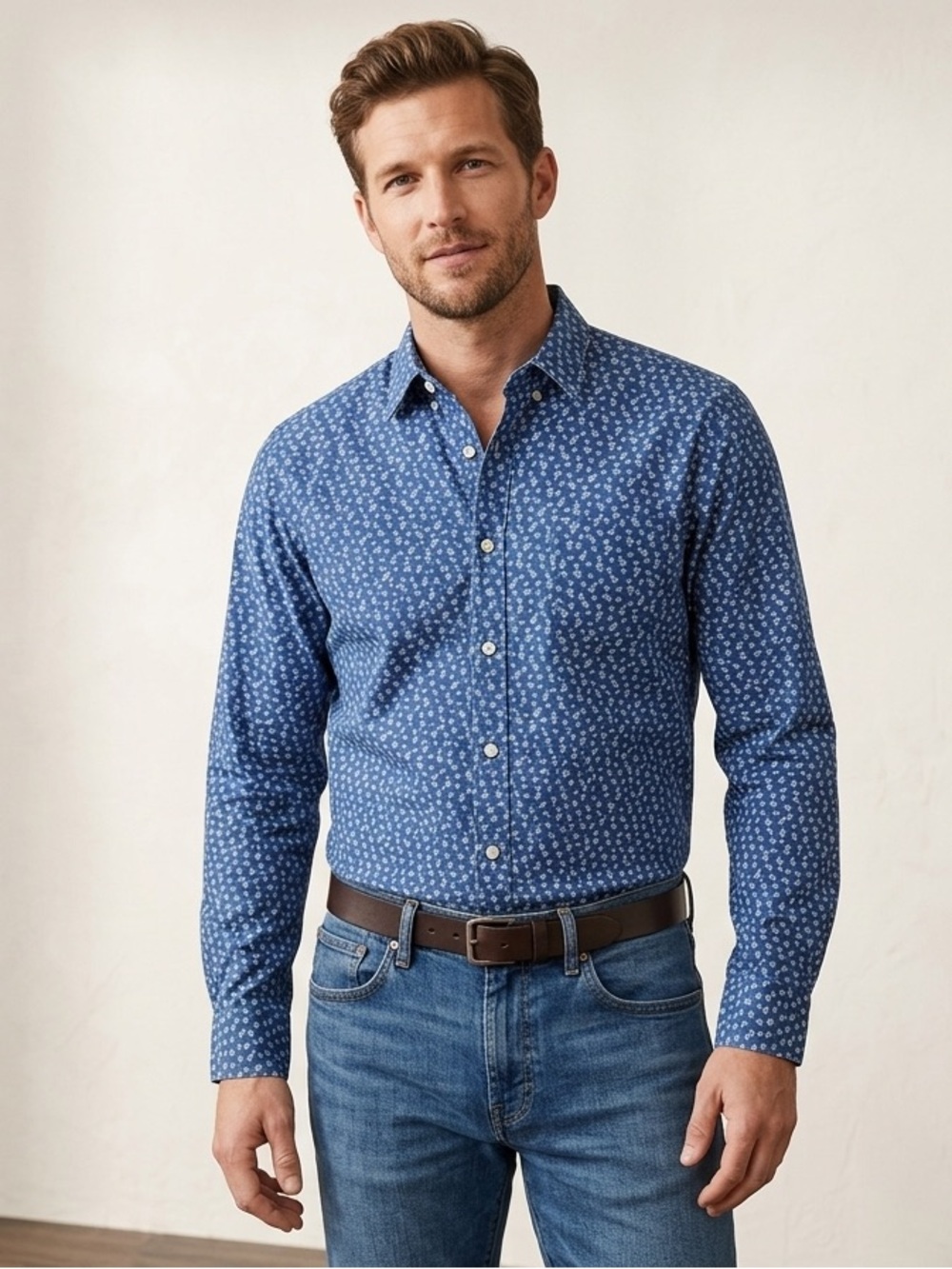J. Crew Blue Floral-Print Button-Down Shirt 100% cotton